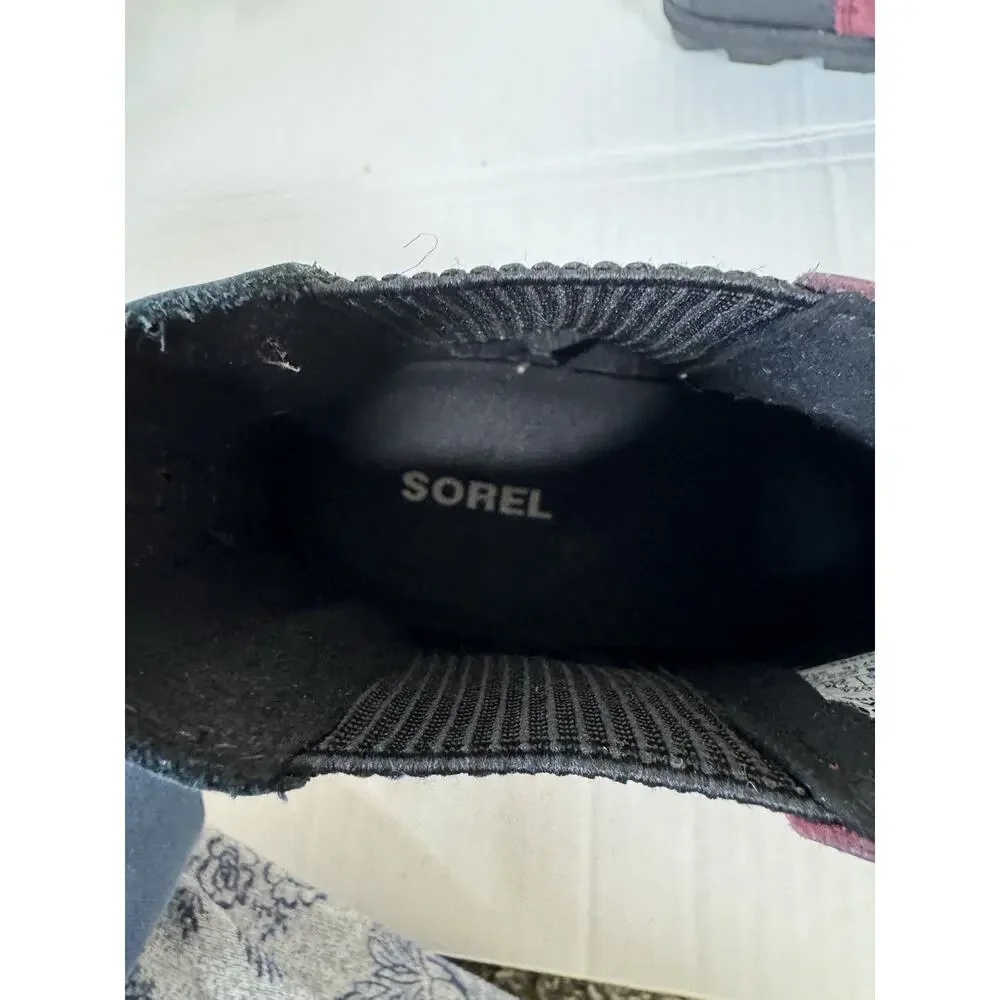 SOREL Leather Wedge Bootie Women 7.5 Red Black Hidden Heeled Joan of Arctic Boot